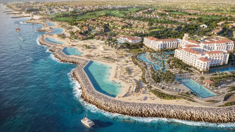 Aerial rendering of Montage Ras El Hekma with beachfront lagoons and the resort