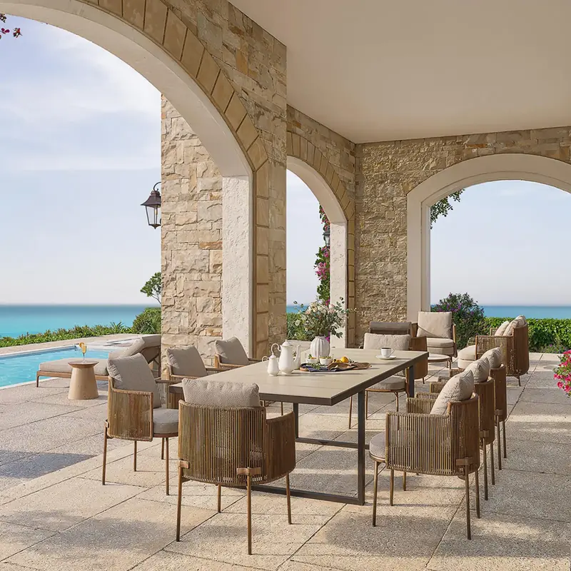 Shaded dining terrace facing the sea at Montage