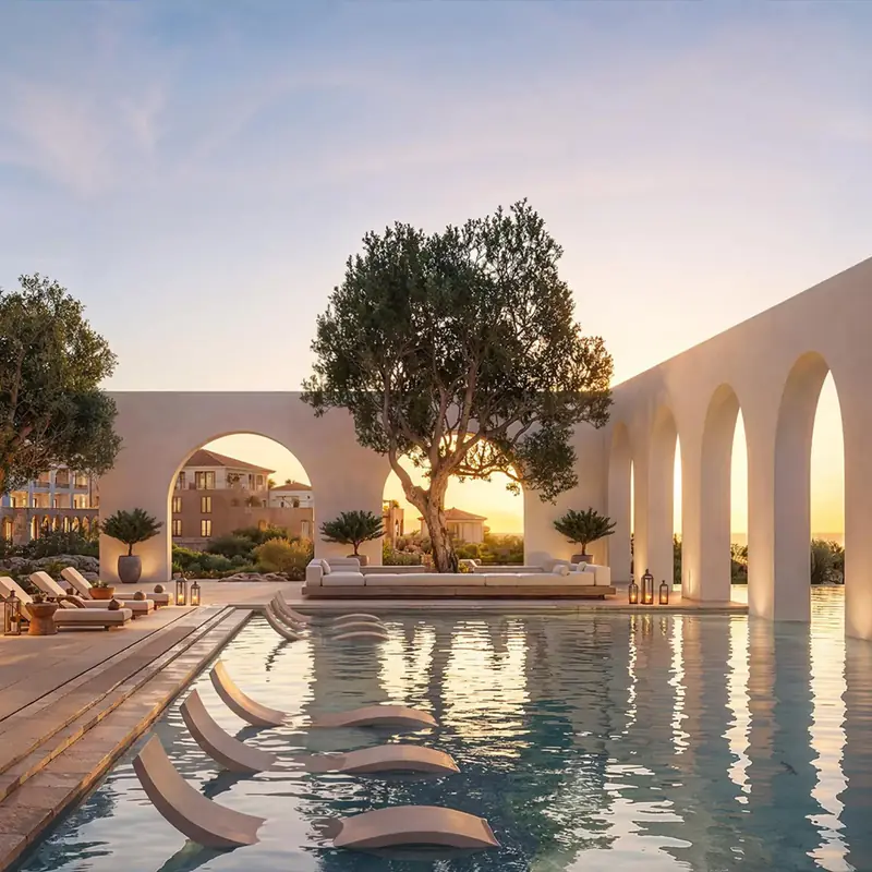 Pool terrace at sunset at Montage Ras El Hekma