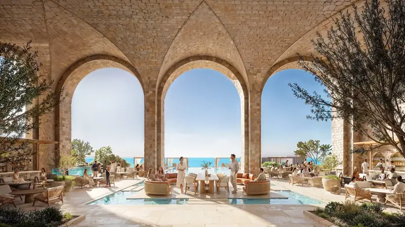 Arched grotto lounge facing the sea at Nammos