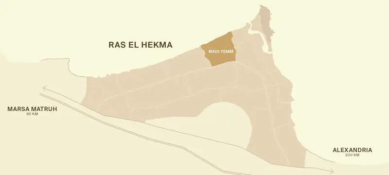 Map locating Ras El Hekma on Egypt's north coast between Marsa Matrouh and Alexandria